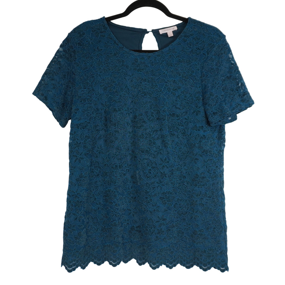 Teddi Rose Lace Top Sz L Floral Lined Crew Neck Short Sleeve Scalloped Hem EUC